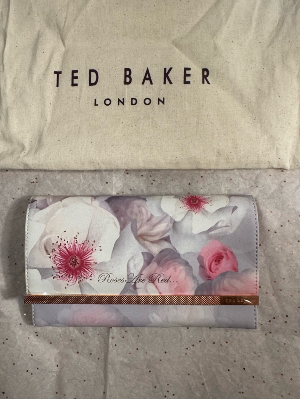 Ted Baker Pink and White Floral Jewelry Roll with Rose-Gold Trim